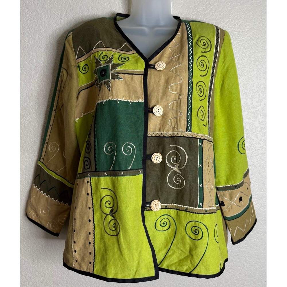 Indigo Moon Womens Medium Jacket Green Patchwork Embroidered Art to Wear Boho